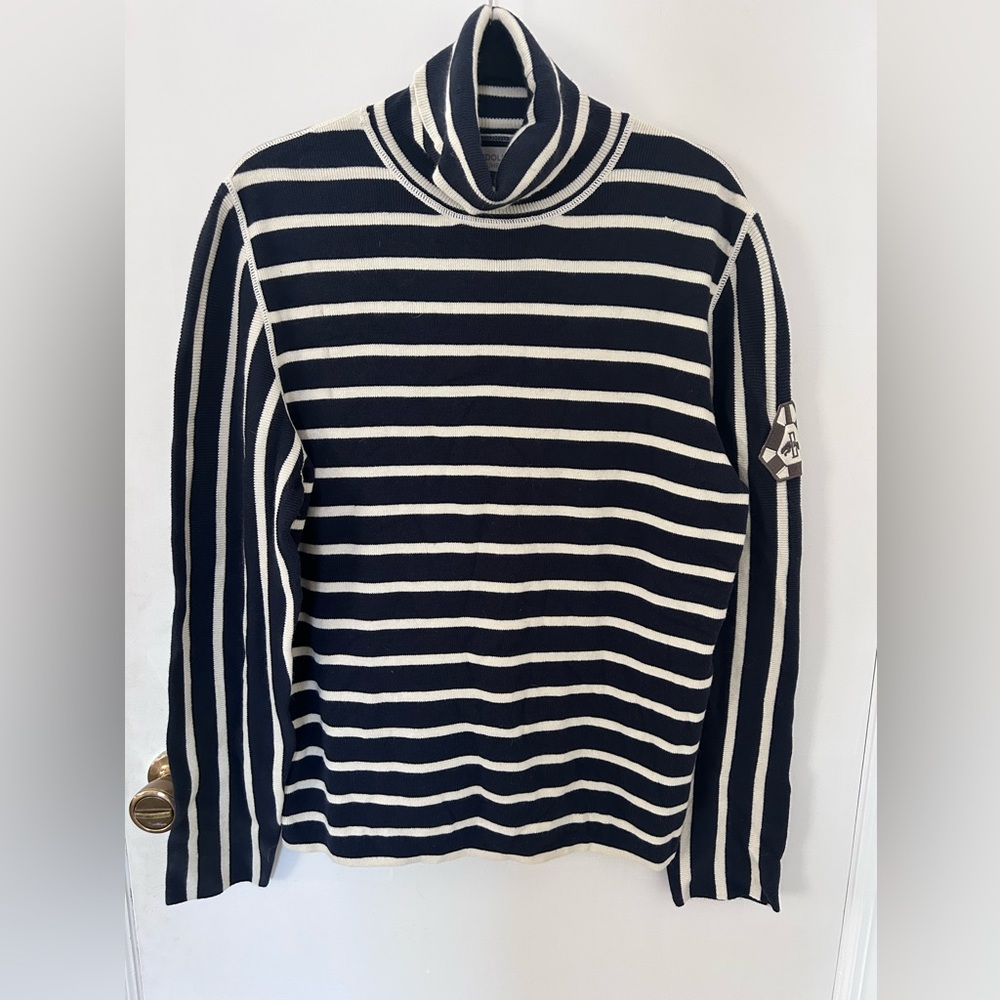 PUMA RUDOLF DASSLER BLUE AND WHITE STRIPED TURTLENECK SWEATER SIZE MEDIUM